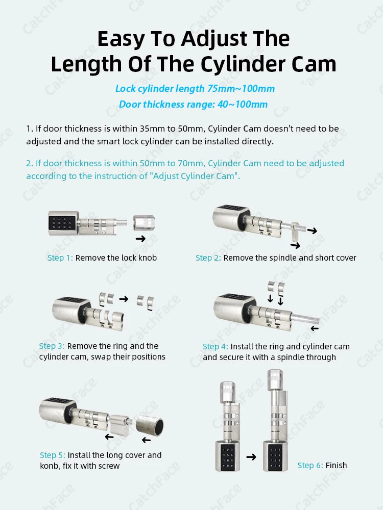Catchfcae New Adjustable Replacement TTLock APP Fingerprint FRID Card Password Cylinder Electronic Smart Door Lock Digital