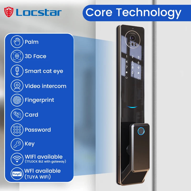 Locstar CNC Processing Technology 4.5-inch Large Screen 3D Face Video Intercom WIFI Smart Door Lock with Camera and Fingerprint
