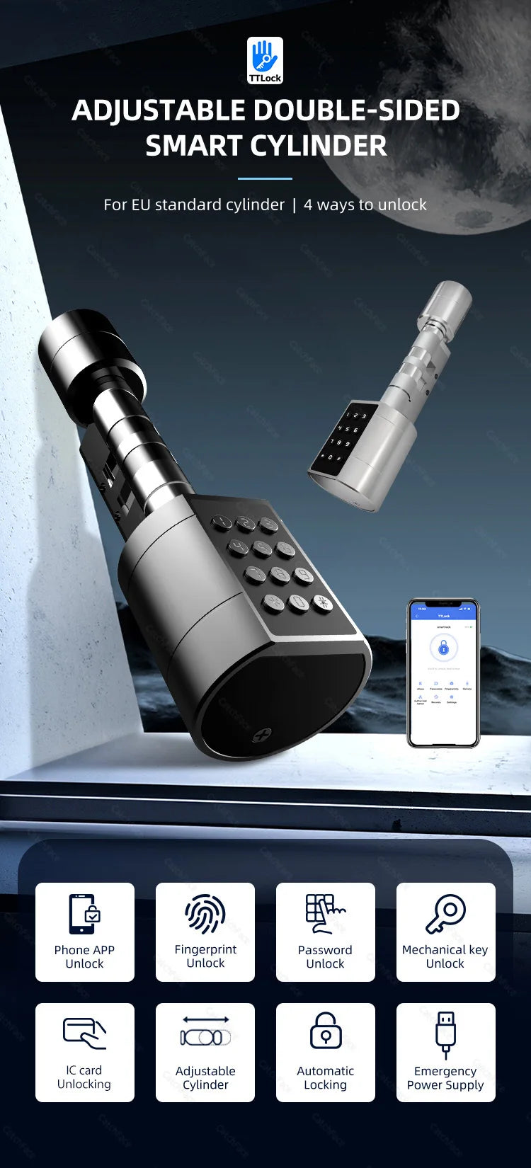 Catchfcae New Adjustable Replacement TTLock APP Fingerprint FRID Card Password Cylinder Electronic Smart Door Lock Digital