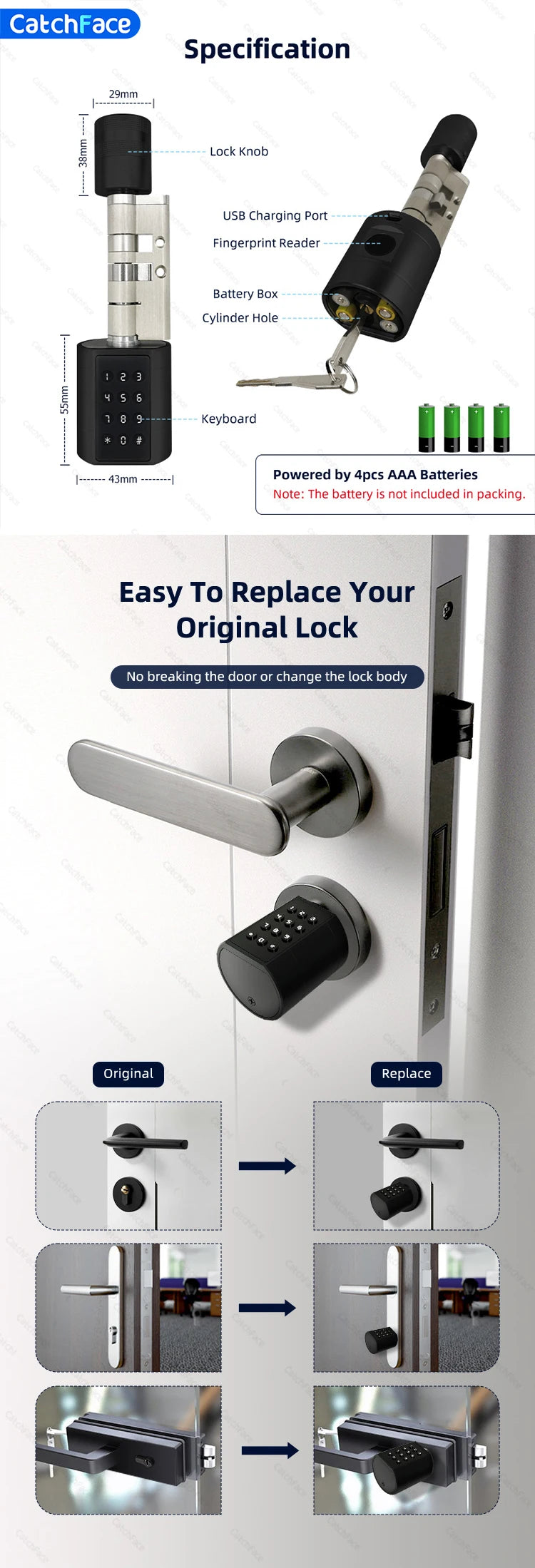 Catchfcae New Adjustable Replacement TTLock APP Fingerprint FRID Card Password Cylinder Electronic Smart Door Lock Digital