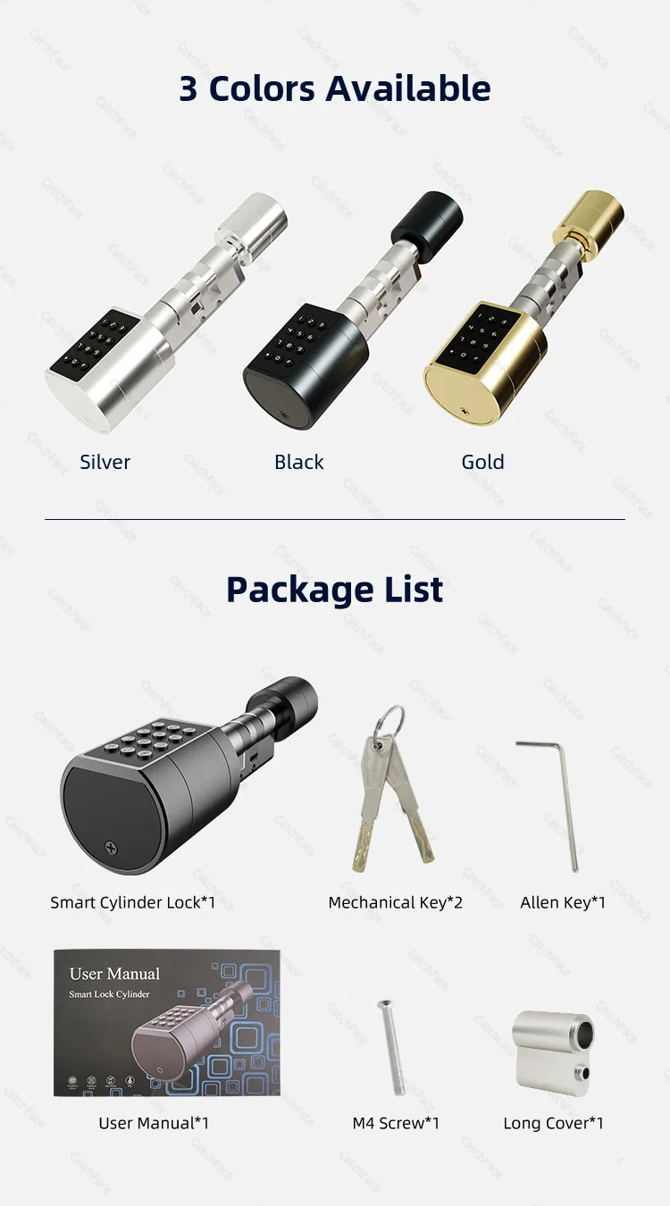Catchfcae New Adjustable Replacement TTLock APP Fingerprint FRID Card Password Cylinder Electronic Smart Door Lock Digital
