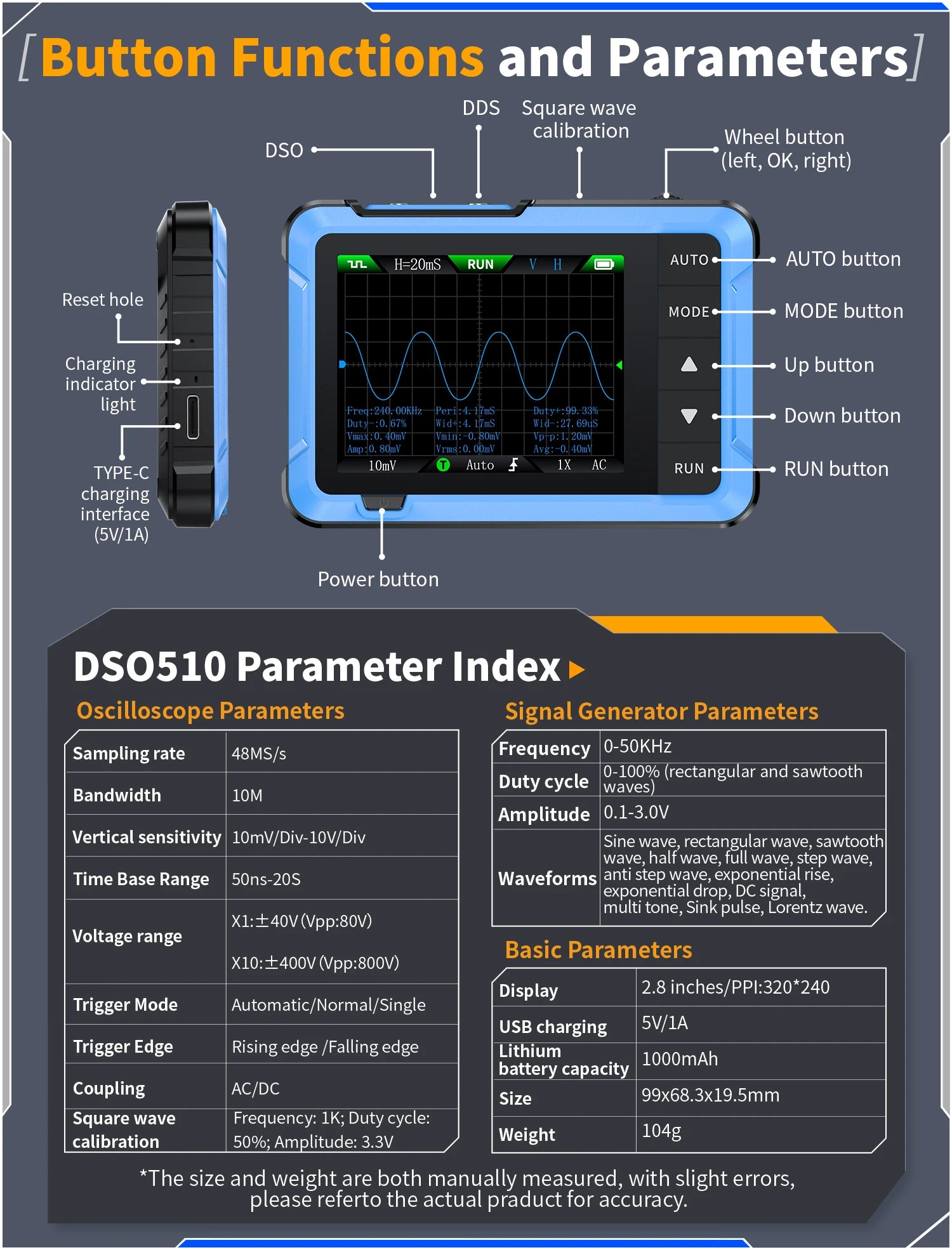 FNIRSI New DSO510 DSO152 DSO153 Mini Handheld Digital 2 IN 1 Oscilloscope Portable 48MS/s 10MHz Bandwidth Electronic Repair Tool