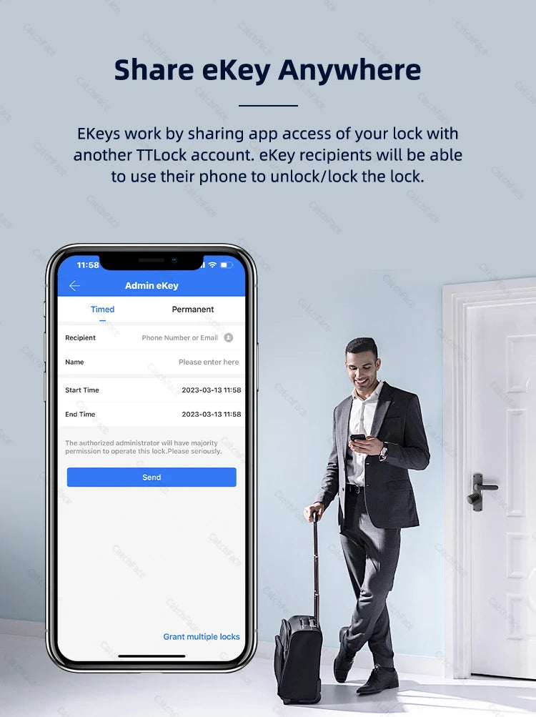 Catchfcae New Adjustable Replacement TTLock APP Fingerprint FRID Card Password Cylinder Electronic Smart Door Lock Digital